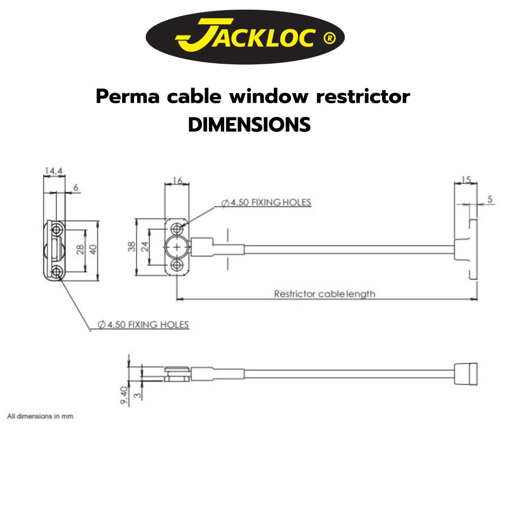 Jackloc Perma cable window restrictor dimensions