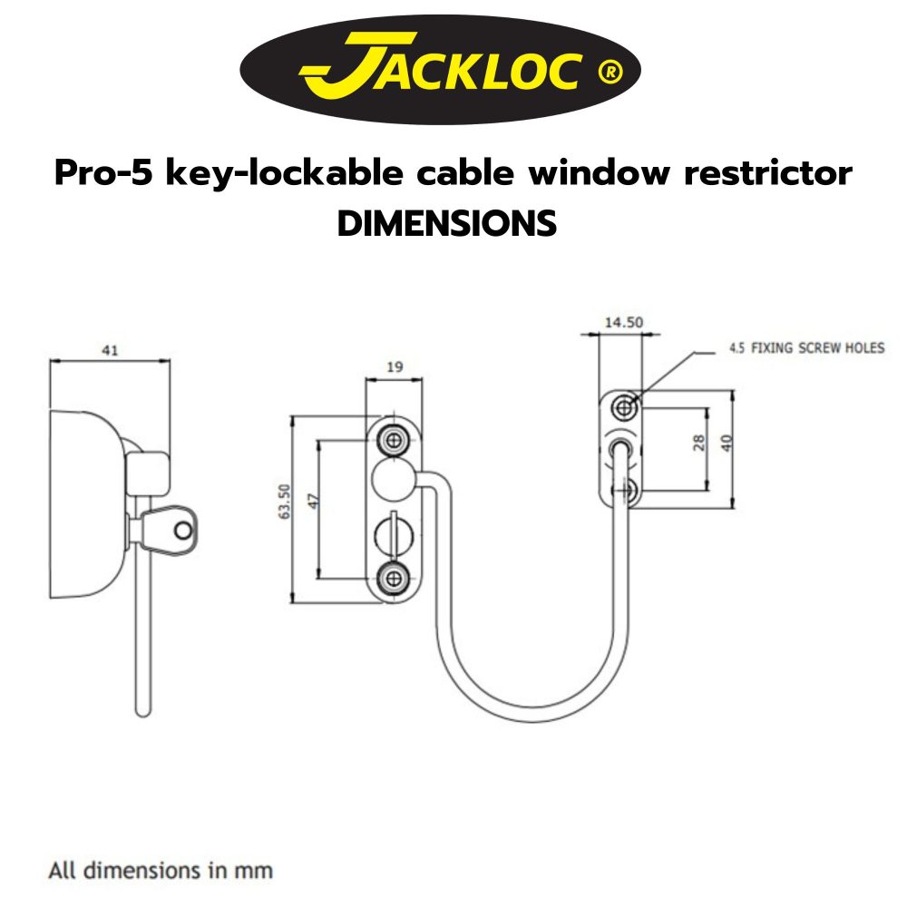 Pro-5 key lockable cable window restrictor dimensions