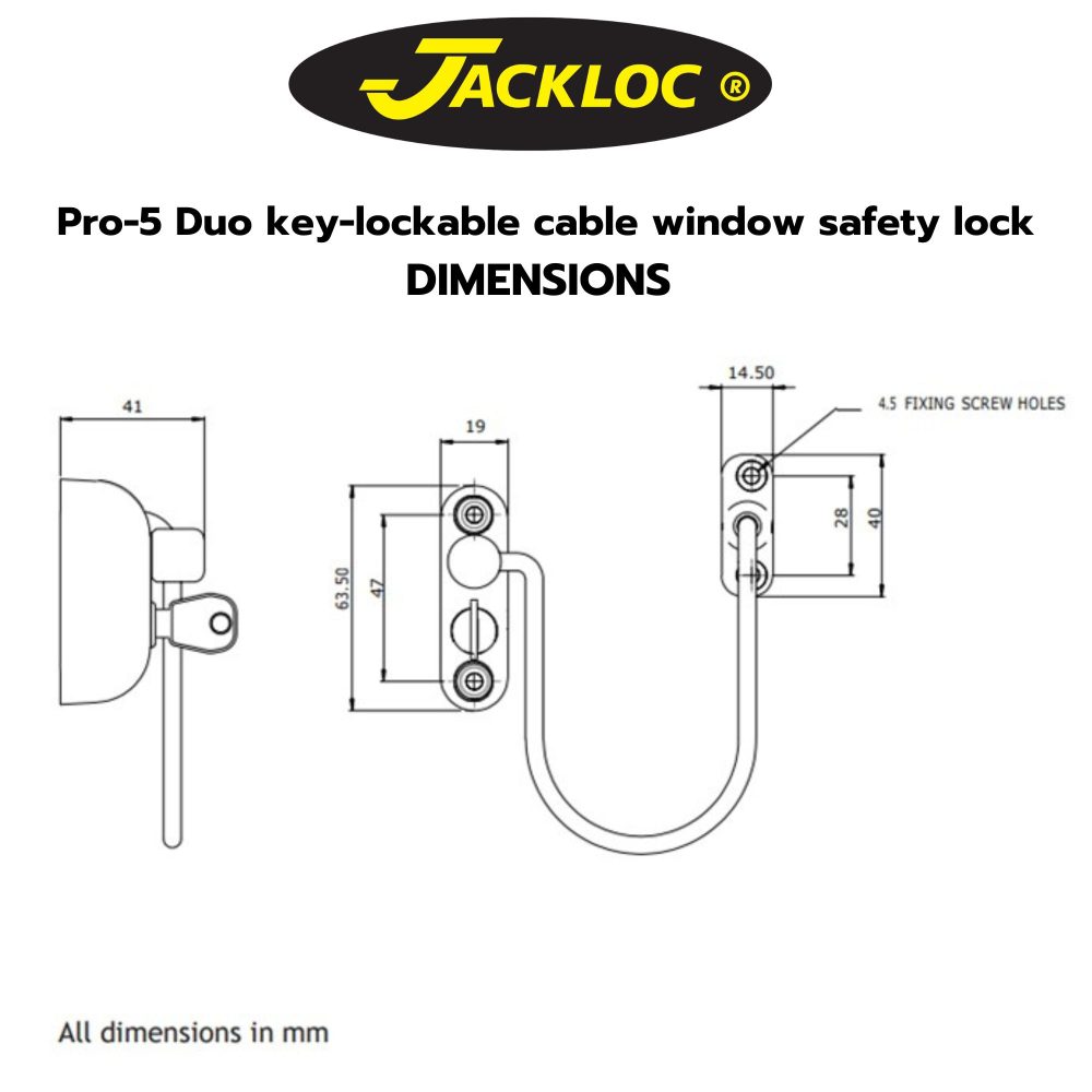 Dimensions of the Pro-5 Duo key-lockable cable window and door safety lock from Jackloc