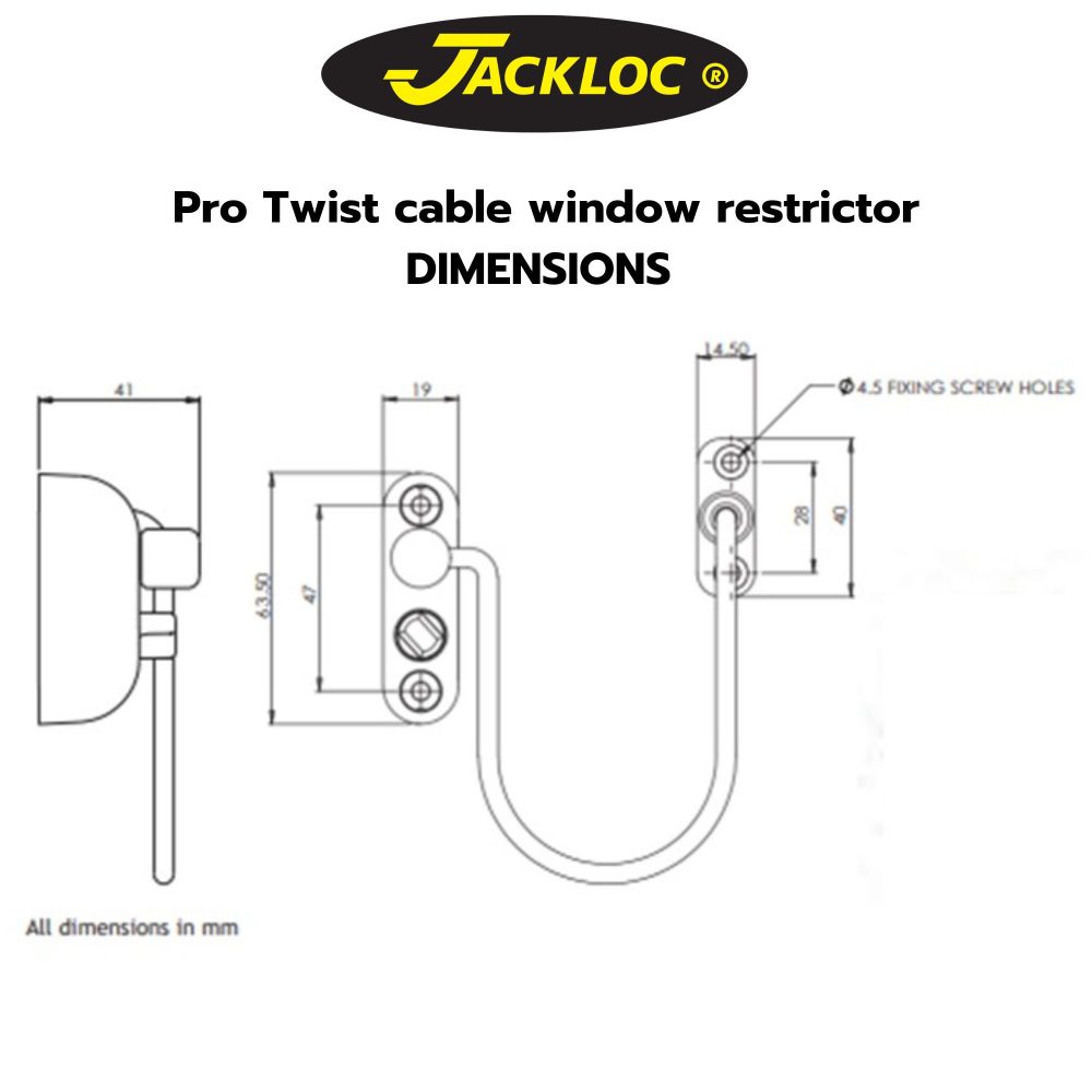 PRO TWIST - push and turn cable window restrictor dimensions