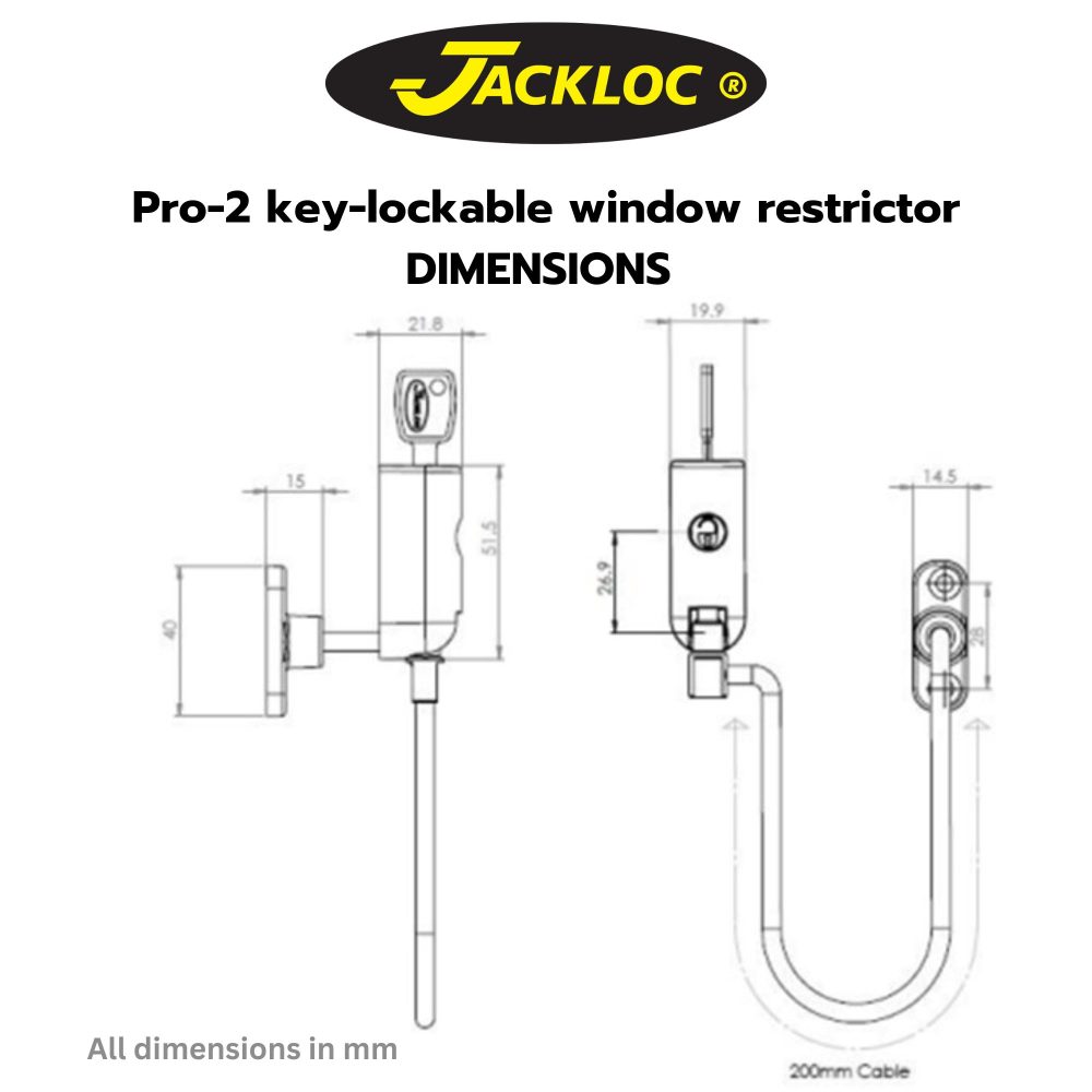 Dimensions of Pro-2 key-lockable window restrictor from Jackloc